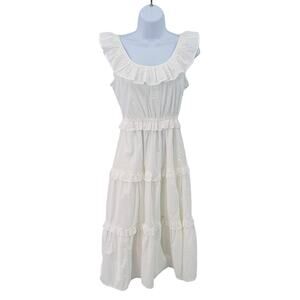JCrew Dress Smocked Tiered White Ruffle Midi Dress WMNS 0 Petite Cottagecore